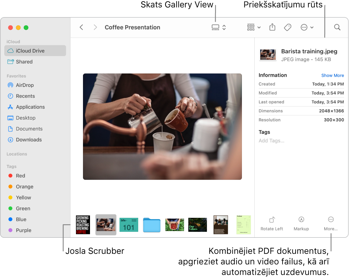 Atvērts lietotnes Finder logs skatā Gallery View, kurā redzams liels fotoattēls ar rindu mazāku attēlu — skrubera joslu — apakšā. Skrubera joslas labajā pusē ir vadīklas pagriešanai, atzīmēšanai u.c.