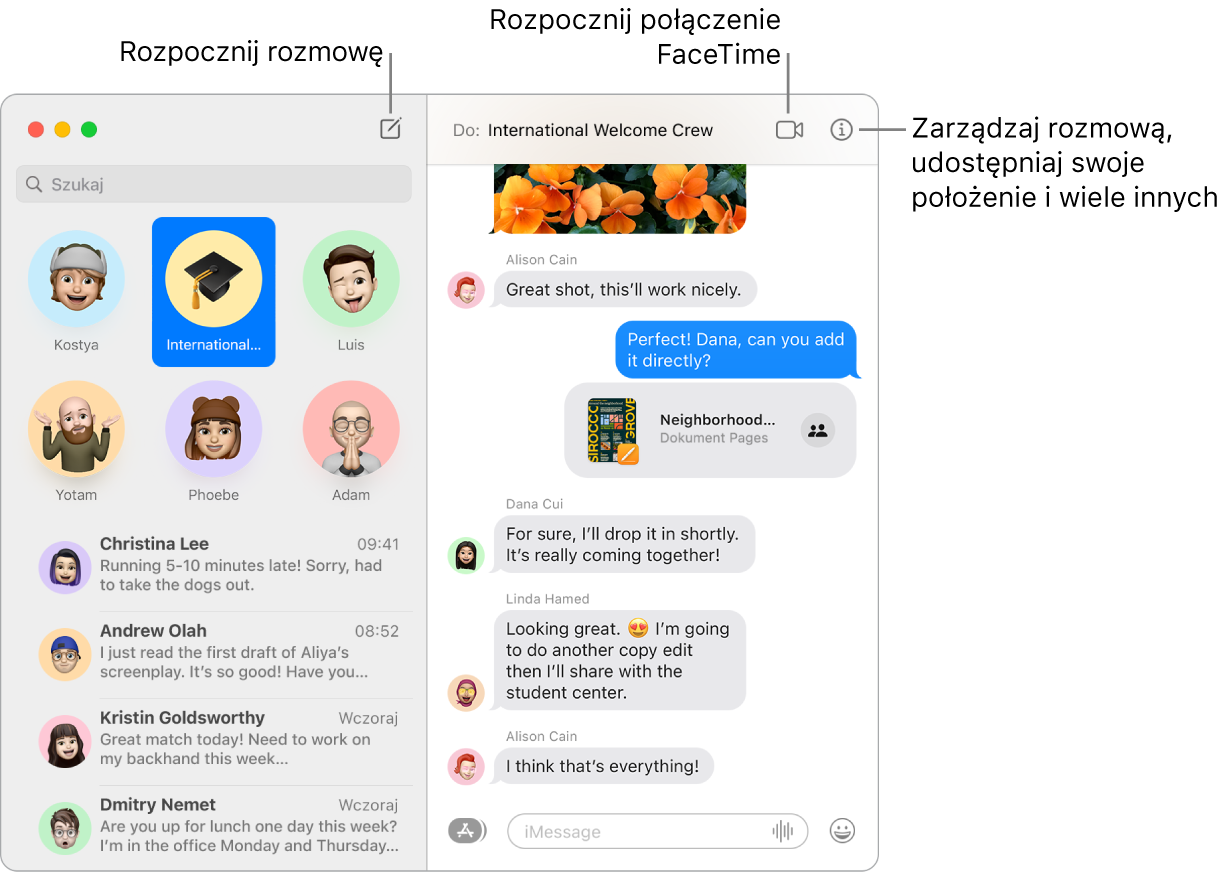 Okno aplikacji Wiadomości z opisami przycisków rozpoczynania rozmowy oraz połączenia FaceTime.