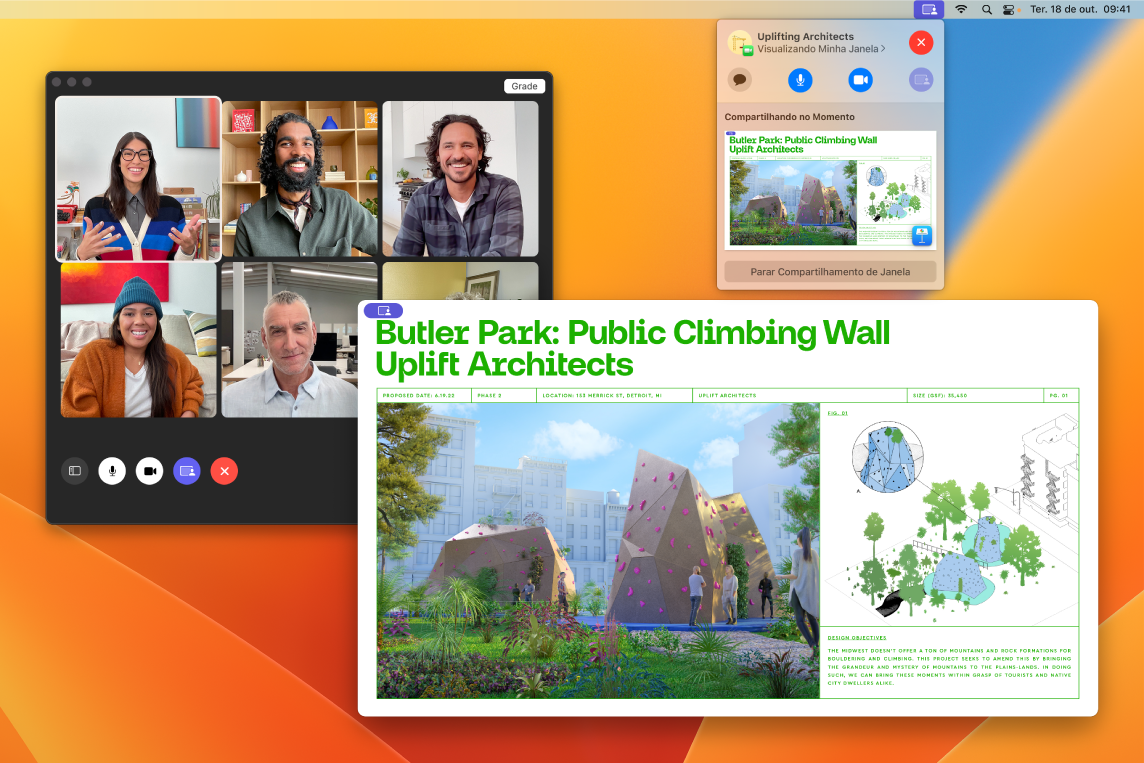 Experiência de compartilhamento de app com um grupo de participantes do FaceTime, uma janela do Keynote aberta sendo vista e uma janela menor com os controles do SharePlay.
