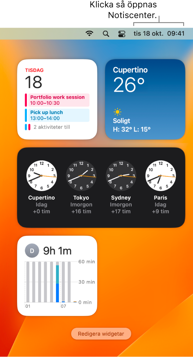 Notiscenter med notiser och widgetar för Kalender, Väder, Klocka och Skärmtid.