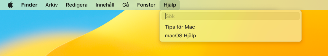 En del av skrivbordet med en öppen Hjälp-meny som visar menyalternativ för sökning och macOS Hjälp.