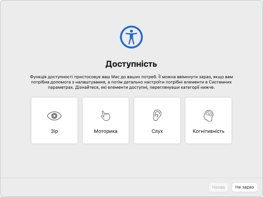Екран Mac з опціями Доступності в Асистенті настроювання.