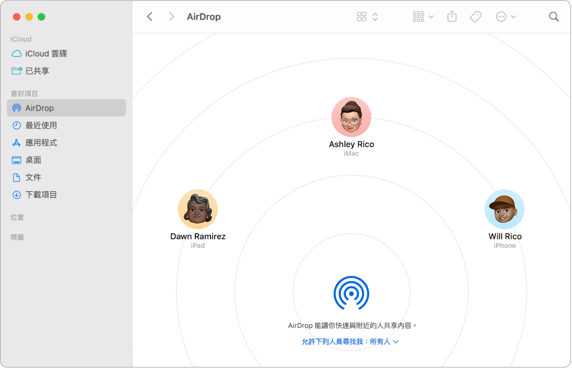 Finder 視窗側邊欄的「喜好項目」區域中,選取了 AirDrop。