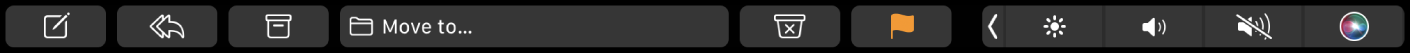 Лентата Touch Bar за Mail (Поща), показващо бутоните за композиране, отговаряне, архивиране, преместване на съобщение, маркиране като нежелано и маркиране с флаг