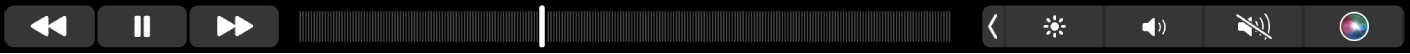 Лентата Touch Bar на Music (Музика) с бутони за връщане назад, за пускане/пауза и за преминаване напред за това, което се възпроизвежда в момента. Има и скрубер лента за навигация в песента.