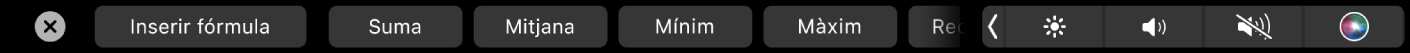 La Touch Bar del Numbers mostrant els botons de Fórmula. Aquests botons inclouen els botons suma, mitjana, mínim i màxim.