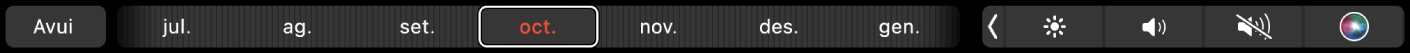 La Touch Bar de l’app Calendari amb el botó Avui i un regulador per seleccionar un mes.