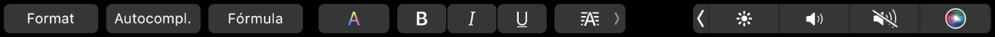 La Touch Bar del Numbers amb els botons Format, Autocompletar i Fórmula. També hi ha botons de format de text de color, negreta, cursiva, subratllat i alineació.