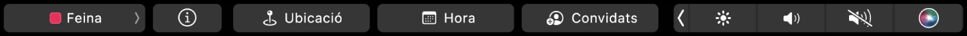 La Touch Bar de l’app Calendari amb els botons per seleccionar calendaris, veure detalls de l’esdeveniment, editar la ubicació i l’hora i afegir convidats.