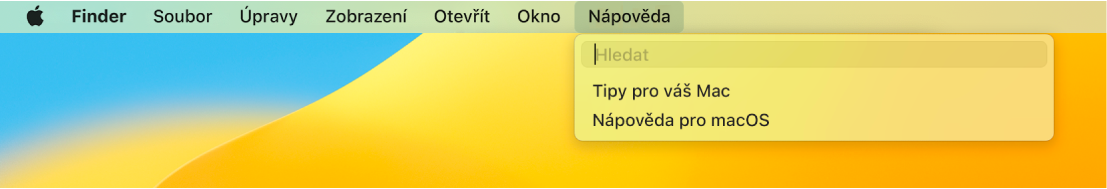 Část plochy s otevřenou nabídkou Nápověda, obsahující volby Hledat a Nápověda pro macOS