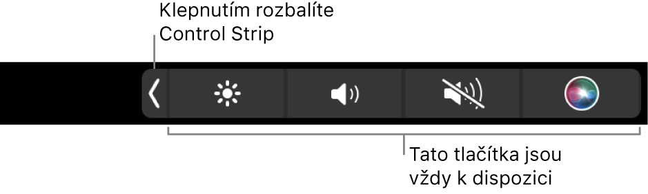 Část obrazovky s výchozím Touch Barem, na kterém se zobrazuje sbalený Control Strip s trvale dostupnými tlačítky jasu, hlasitosti a vypnutí zvuku. Klepnutím na rozbalovací tlačítko zobrazíte celý Control Strip