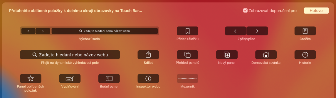 Volby přizpůsobení Safari, které lze přetáhnout na Touch Bar