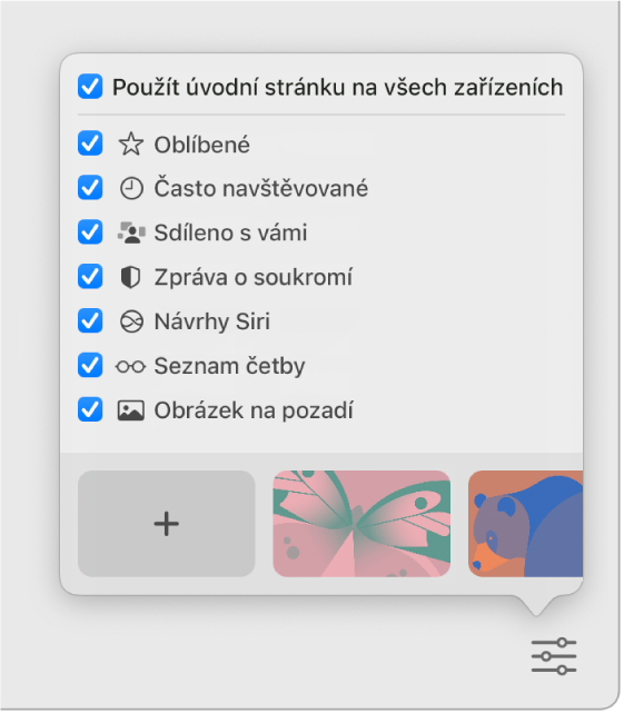 Místní nabídka Přizpůsobit Safari se zaškrtávacími políčky pro zobrazení oblíbených položek, často navštěvovaných stránek, seznamu Sdíleno s vámi, zprávy o soukromí, návrhů Siri, seznamu četby a obrázku na pozadí