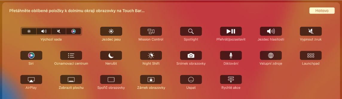 Položky na Control Stripu, které můžete přizpůsobit přetažením na Touch Bar
