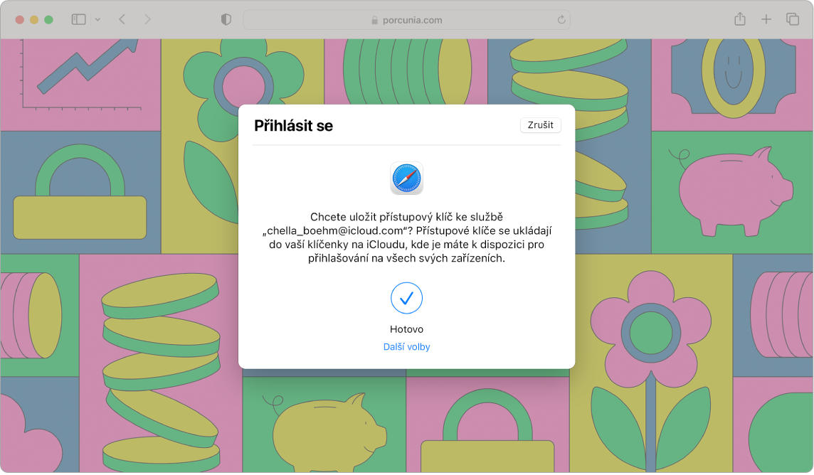 Okno Safari s přihlašovacím dialogovým oknem obsahujícím dotaz, zda si uživatel přeje uložit přístupový klíč. V dialogovém okně je uvedeno, že se přístupové klíče ukládají do svazku klíčů na iCloudu a máte je k dispozici pro přihlašování na všech svých zařízeních. Modré zaškrtnutí signalizuje, že byl přístupový klíč vytvořen.
