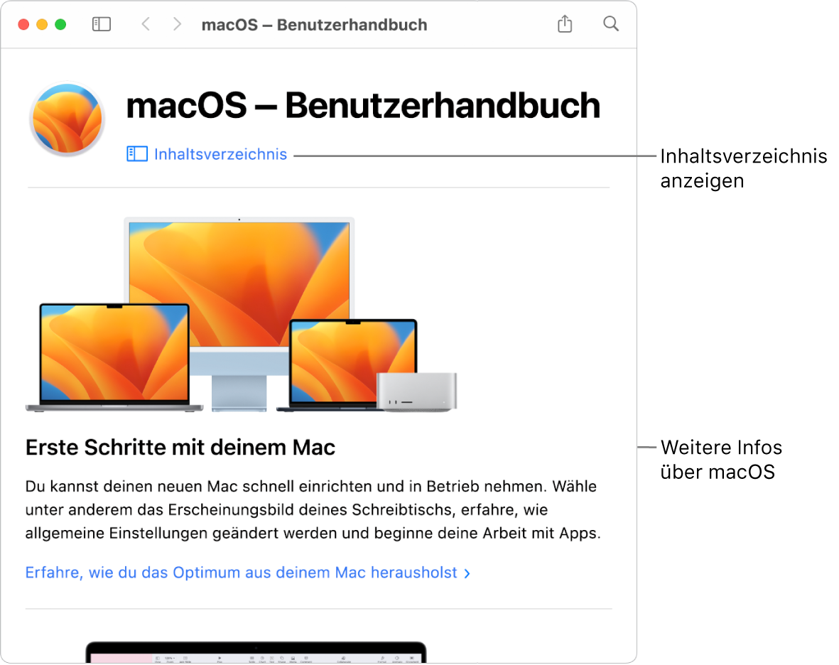 Die Startseite des macOS – Benutzerhandbuchs mit dem Link zum Inhaltsverzeichnis
