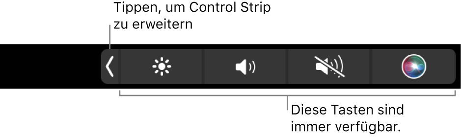 Teilbildschirm der standardmäßigen Touch Bar mit reduziertem Control Strip mit Tasten, die immer verfügbar sind: Helligkeit, Lautstärke und Stumm. Tippe auf die Tasten zum Erweitern, um den vollständigen Control Strip anzuzeigen.