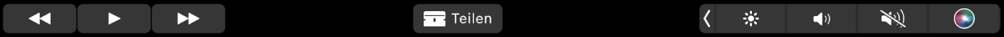 Die iMovie-Touch Bar, wenn ein Clip wiedergegeben wird. Sie umfasst Tasten zum Zurückspulen, Wiedergeben, schnellen Vorspulen, Teilen sowie zum Anpassen der Lautstärke.
