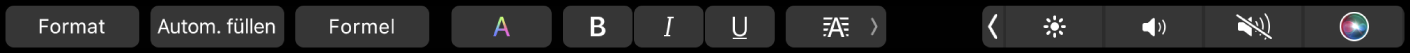 Die Numbers-Touch Bar mit den Tasten „Format“, „Automatisch Ausfüllen“ und „Formel“ Sie umfasst auch Textformatierungstasten für Farben, fette Schrift, Kursivschrift, Unterstreichen und Textausrichtung.