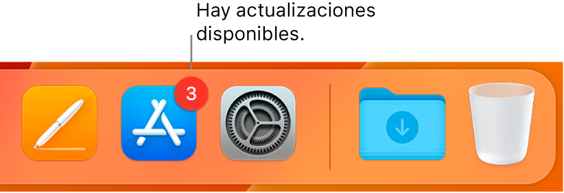 Una parte del Dock mostrando el ícono de App Store con un indicador que muestra que hay actualizaciones disponibles.