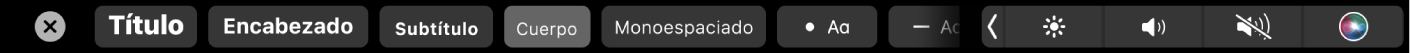 Touch Bar de Notas con botones para elegir estilos de párrafo incluyendo Título, Encabezado y Cuerpo, y también botones para agregar opciones de lista incluyendo viñetas, guiones y números.