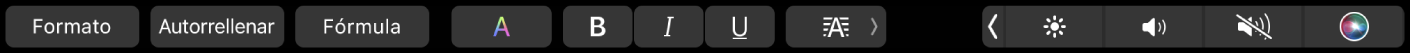 Touch Bar de Numbers con botones para Formato, Autorrelleno y Fórmula. También hay botones para agregar formato al texto, como color, negritas, cursivas y subrayado, así como ajustar la alineación.