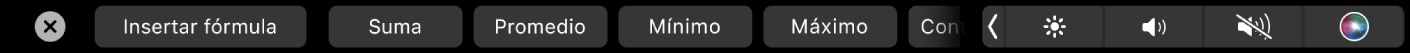 Touch Bar de Numbers con los botones de Fórmula. Estos incluyen suma, promedio, mínimo y máximo.
