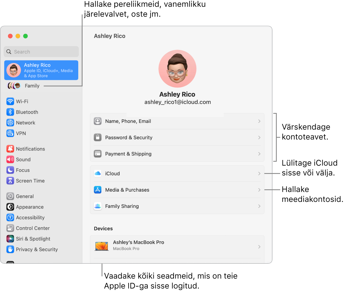 Apple ID seaded jaotises System Settings väljaviikudega kontoinfo värskendamiseks, iCloudi funktsioonide sisse või välja lülitamiseks, meediakontode haldamiseks ning jaotis Family, kust saate hallata pereliikmeid, vanemlikku järelvalvet, oste jm.