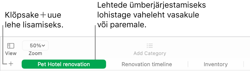 Rakenduse Numbers aknas selgitatakse, kuidas lisada uut lehte ja kuidas järjestada lehti ümber.