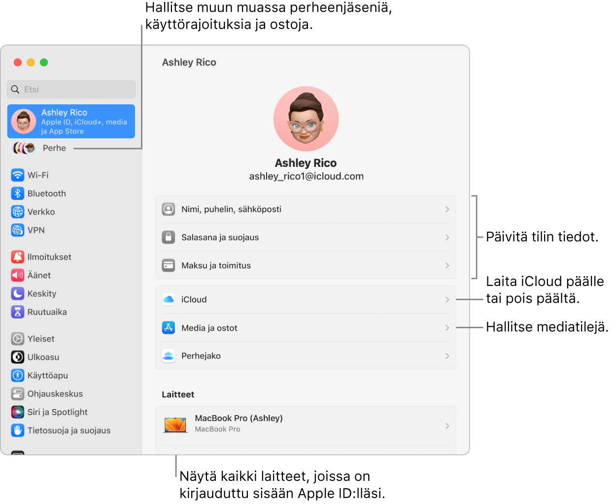Järjestelmäasetusten Apple ID -asetukset ja selitteet tilin tietojen päivittämiseen, iCloud-ominaisuuksien laittamiseen päälle tai pois päältä sekä mediatilien hallintaan. Lisäksi Perhe-osio, jossa voit hallita perheenjäseniä, käyttörajoituksia, ostoja ja muita ominaisuuksia.