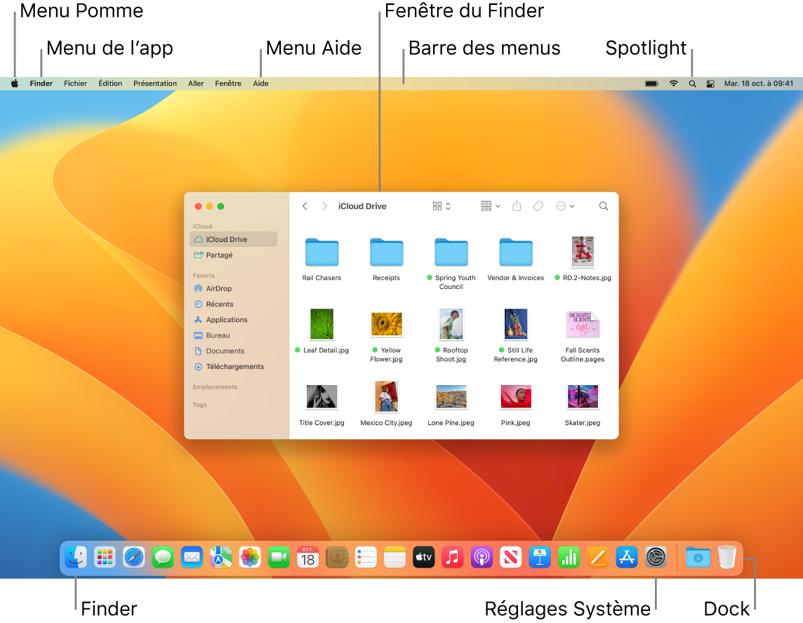 Écran d’un Mac présentant le menu Pomme, le menu d’app, le menu Aide, une fenêtre du Finder, la barre des menus, l’icône Spotlight, l’icône du Finder, l’icône « Réglages Système » et le Dock.