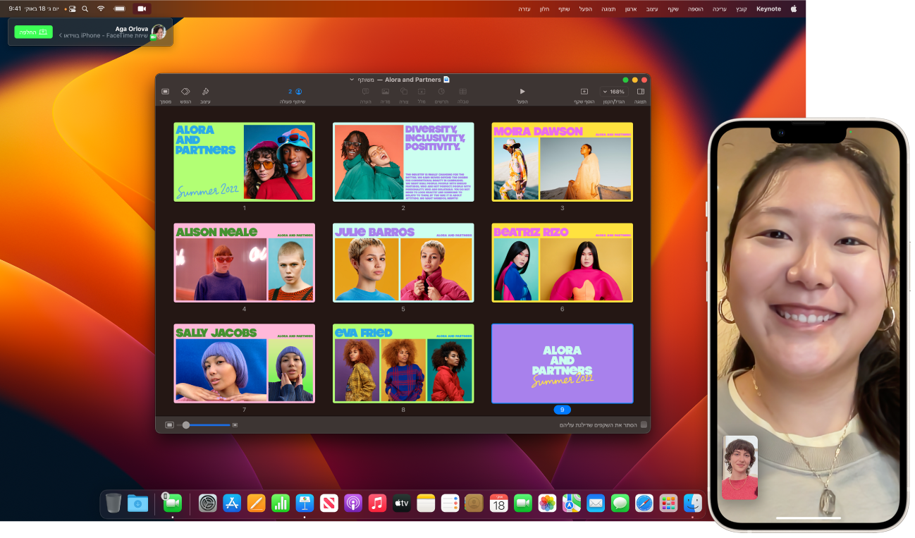 שיחה של FaceTime שמתבצעת ב‑iPhone ליד מכתבה של Mac ועליה פתוח חלון של Keynote. בפינה השמאלית העליונה של ה‑Mac יש כפתור להעברת השיחה ב‑FaceTime אל ה‑Mac.