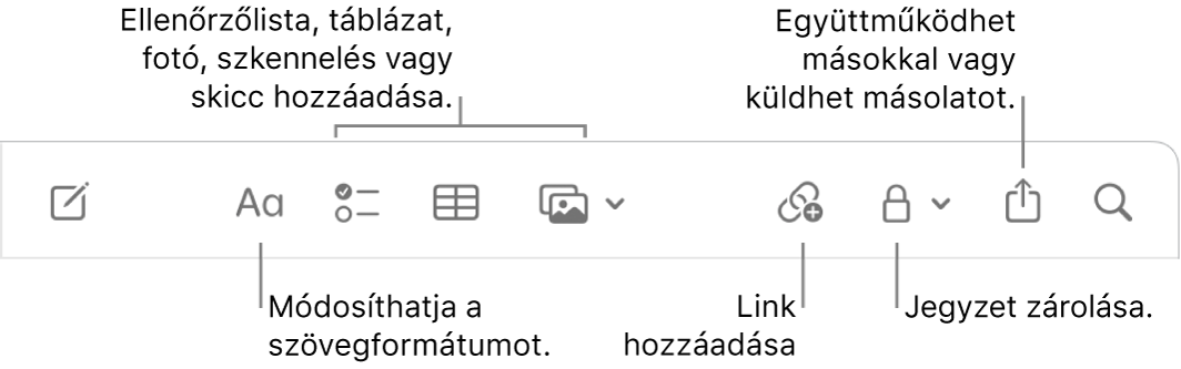 A Jegyzetek eszközsor a szövegformátum, az ellenőrzőlista, a táblázat, a link, a fotók/média, a zár, a megosztás és a másolat küldése eszközök ábrafelirataival.
