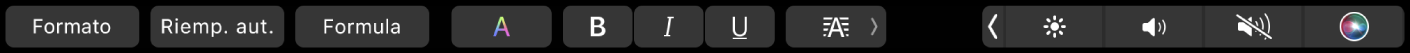 La Touch Bar di Numbers con i pulsanti Formato, Inserimento automatico e Formula. Sono presenti anche i pulsanti per la formattazione del testo: colore, grassetto, corsivo, sottolineato e allineamento.