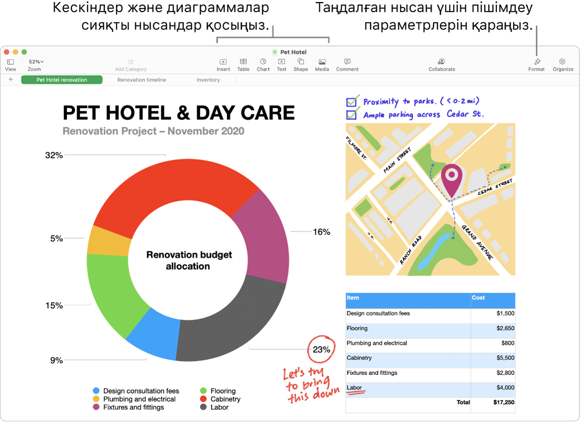 Жоғарғы жағында құралдар тақтасы мен оның өңдеу құралдары, жоғарғы оң жаққа жақын Collaborate түймесі және оң жақта Format және Organize түймелері бар Numbers терезесі.