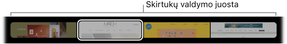 Programai „Safari“ pritaikytos „Touch Bar“ skirtukų slinkimo juosta. Joje rodoma kiekvieno atidaryto skirtuko maža peržiūra.