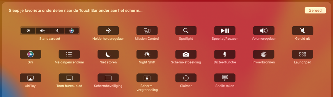 De onderdelen die je kunt aanpassen in de Control Strip door ze naar de Touch Bar te slepen.