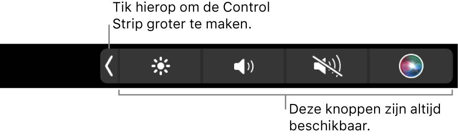 Een deel van de reguliere Touch Bar met de samengevouwen Control Strip met de knoppen die altijd beschikbaar zijn: helderheid, volume en geluid uit. Tik op de uitvouwknop om de volledige Control Strip weer te geven.