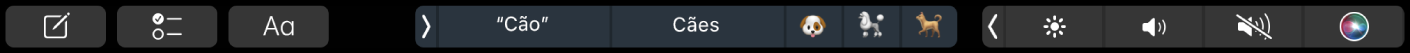 A Touch Bar da aplicação Notas com os botões para criar uma nota, adicionar uma lista e editar texto. Há também botões a mostrar sugestões de escrita.