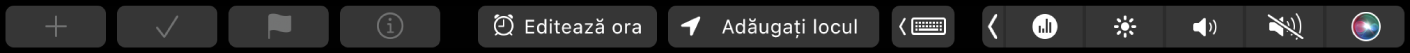 Touch Bar pentru Mementouri cu butoane pentru crearea unui memento nou, bifare, fanion, informații, editarea orei și adăugarea localizării.