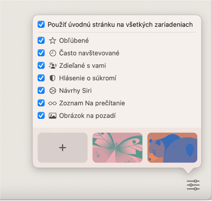 Vyskakovacie okno Úprava Safari so zaškrtávacími políčkami pre položky Obľúbené, Často navštevované, Zdieľané s vami, Hlásenie o súkromí, Návrhy Siri, zoznam Na prečítanie a Obrázok pozadia.