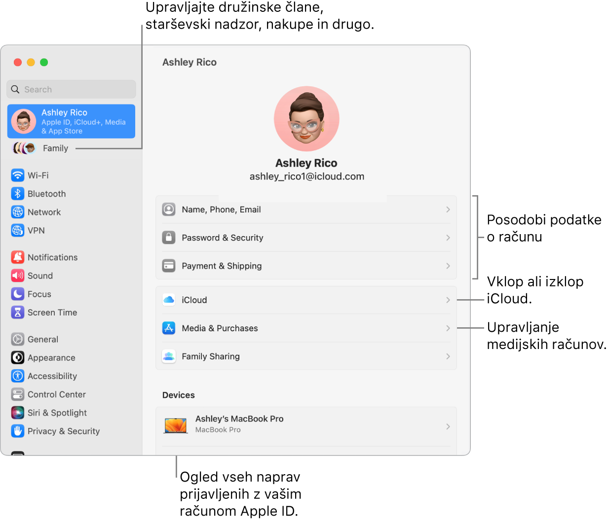 Nastavitve Apple ID v System Settings z oblački za posodobitev informacij o računu, vklop ali izklop funkcij iCloud, upravljanje predstavnostnih računov in Family, kjer lahko upravljate družinske člane, starševski nadzor, nakupe in še več.
