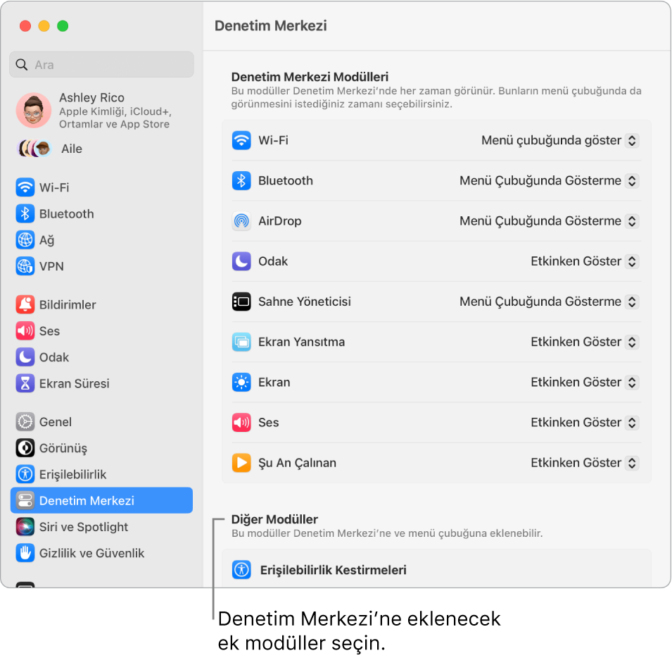 Denetim Merkezi ayarları penceresi.