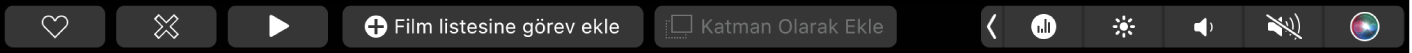 Oynatma, filme ekleme ve katman olarak ekleme düğmelerini gösteren iMovie Touch Bar’ı.