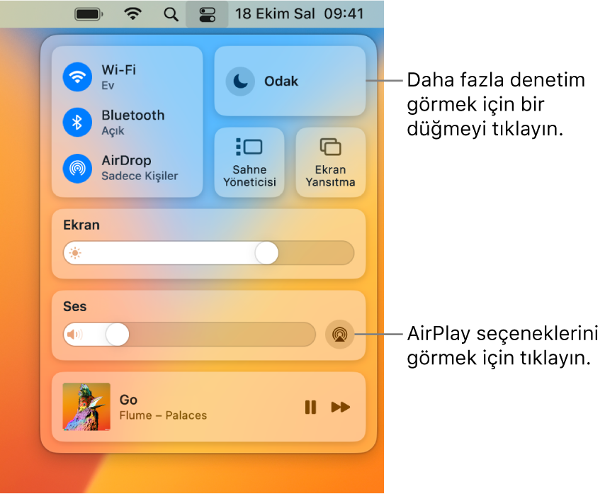 Mac’inizdeki Denetim Merkezi’nin Ekran düğmesine bir belirtme çizgisiyle büyütülmüş görüntüsü.