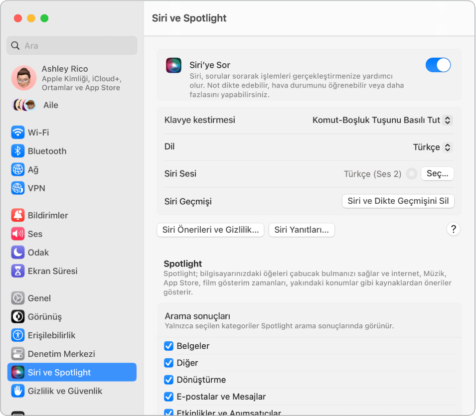 Siri’ye Sor seçili olan ve sağ tarafta çeşitli Siri’yi özelleştirme seçenekleri bulunan Siri ayarları penceresi