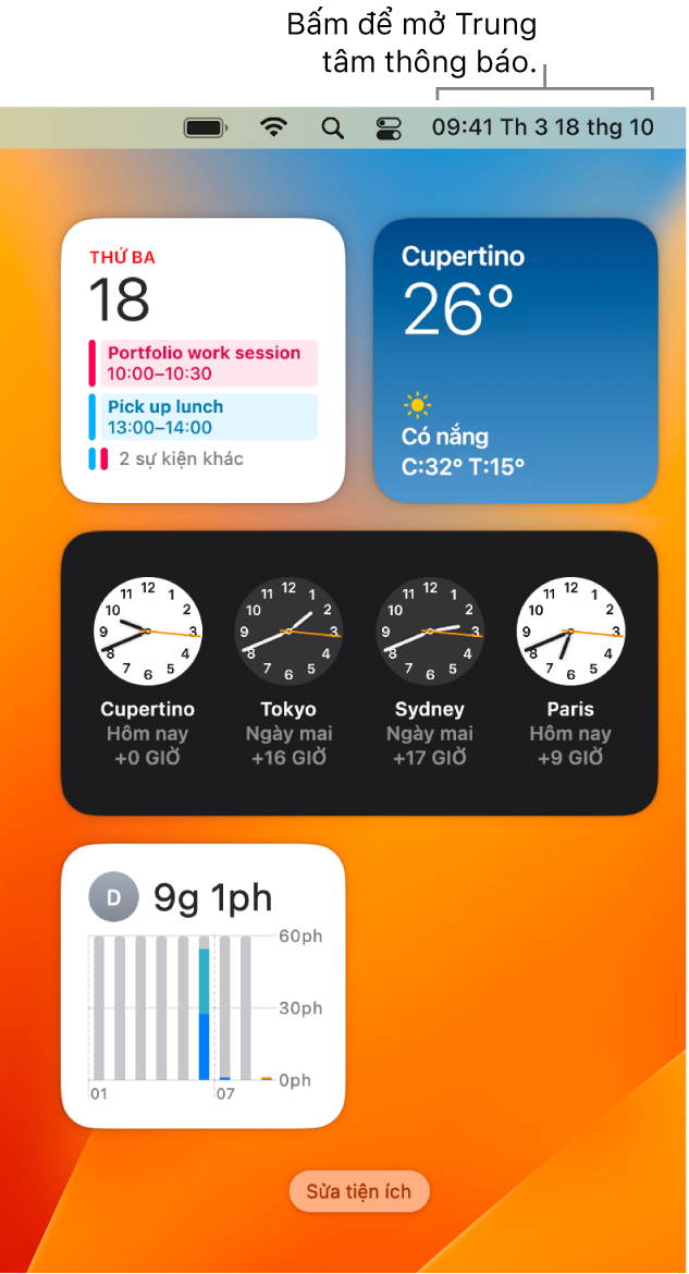Trung tâm thông tin với các thông báo và tiện ích cho Ảnh, Nhà, Lịch và Thời gian sử dụng.