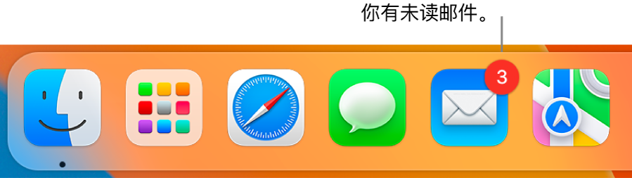 程序坞的一部分,显示包含未读邮件数量标记的“邮件” App 图标。