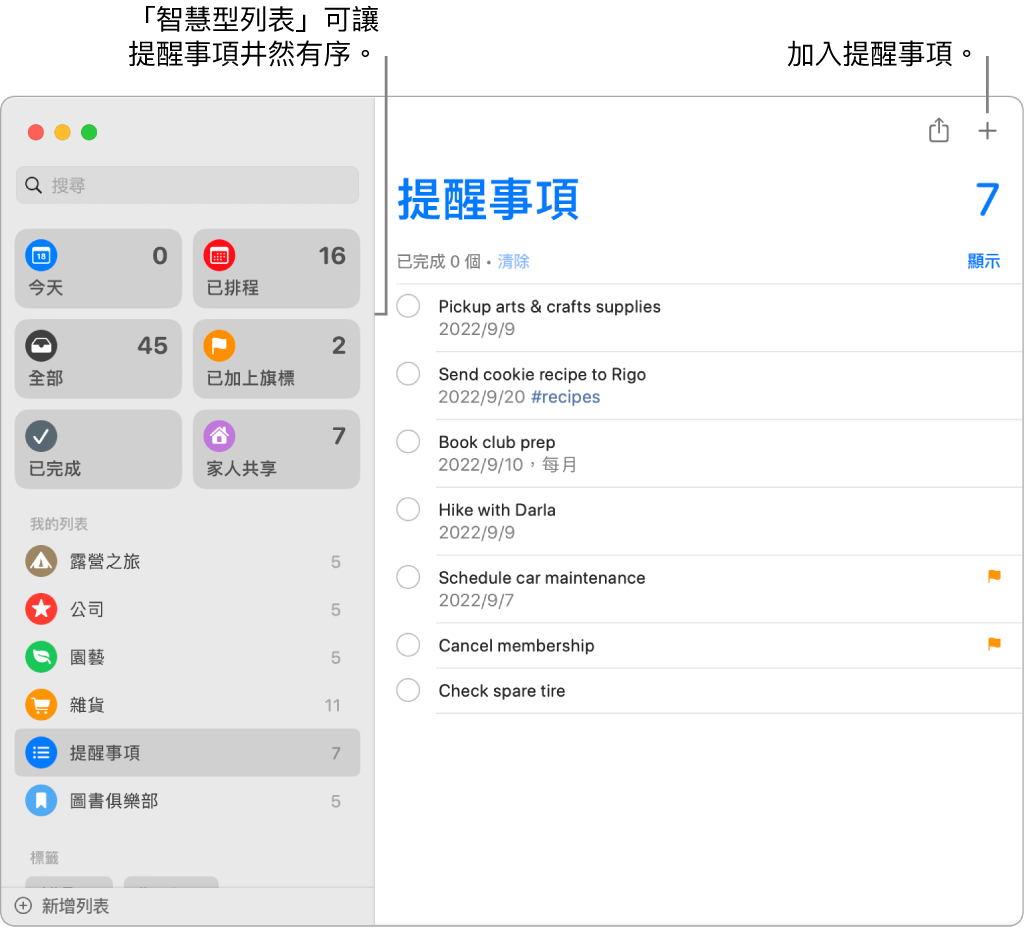 「提醒事項」視窗在左側顯示智慧型列表,而下方為其他提醒事項和列表。指標在提醒事項中。「智慧型列表」和「新增提醒事項」按鈕的說明框。