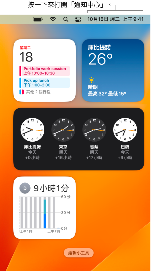 「通知中心」顯示通知,以及「照片」、「家庭」、「行事曆」和「螢幕使用時間」小工具。